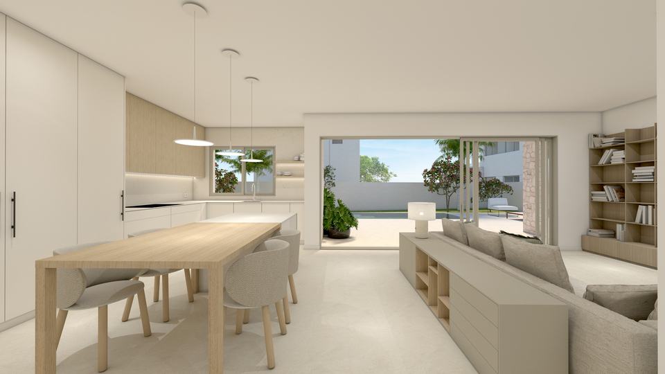 Cocina y comedor junto al ventanal
