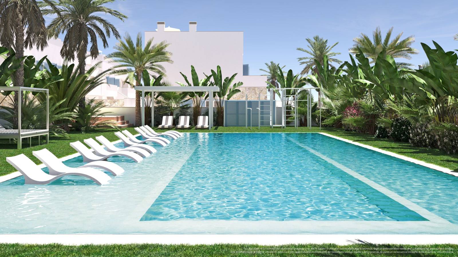 Piscina comunitaria con zona de tumbonas y jardín