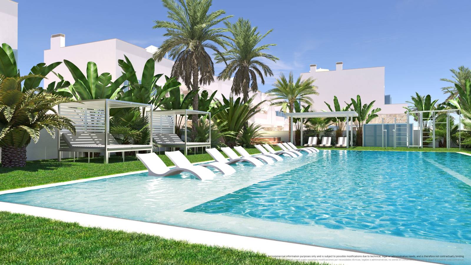 Zona de piscina con pérgolas y palmeras